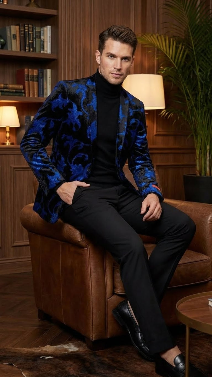 Mens Black and Royal Blue Patterned Blazer Paisley Floral Sport Coat Prom Jacket