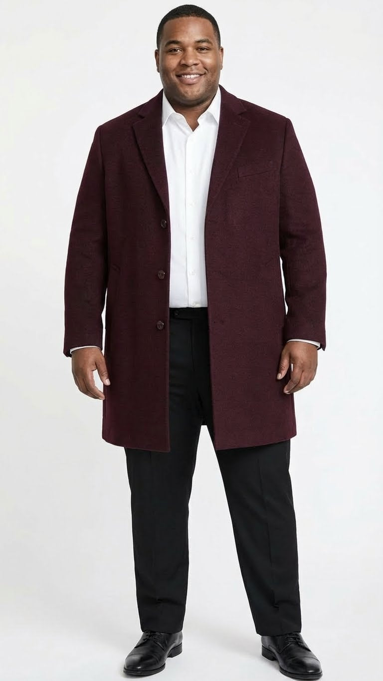 Men’s Burgundy Mid-Length Overcoat – Classic Fit Wool Blend Dress Coat Three Quarter Carcoat Topcoat - Coat Size 38