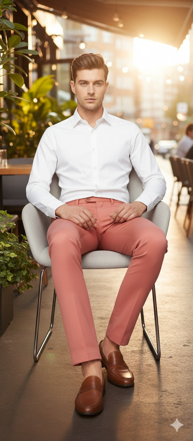Mens Slim Fit Coral Pink Dress Pants Stylish Formal and Casual Trousers for All Occasions - dress size pants : 28 Unfinished bottom