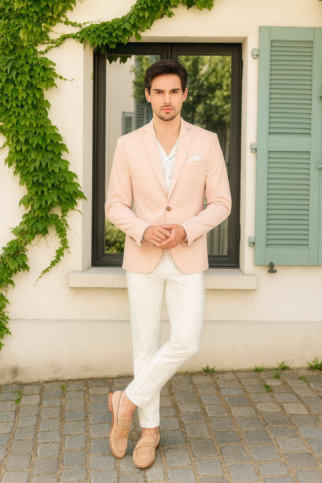 Men’s Blush Pink Slim Fit Blazer – Stylish Two-Button Sport Coat with Notch Lapel - 36 Short