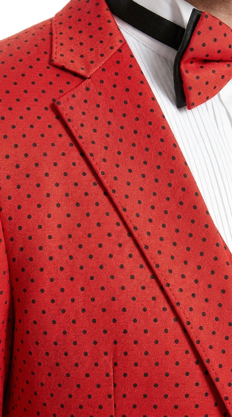 Tazio Men’s Cherry Red and Black  Polka-Dot 3-Piece Suit – Skinny Fit Prom, Wedding and Party Suit or Tuxedo - 34 Short or Extra Small