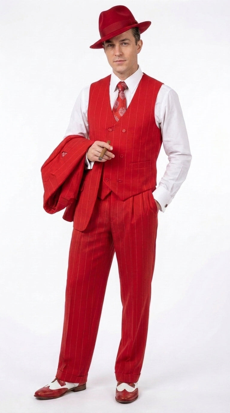 1920s Christmas Holiday Gangster Men’s Red Pinstripe 3-Piece Suit – Peak Lapel Classic Fit Pleated Pants - 34 Short or Extra Small