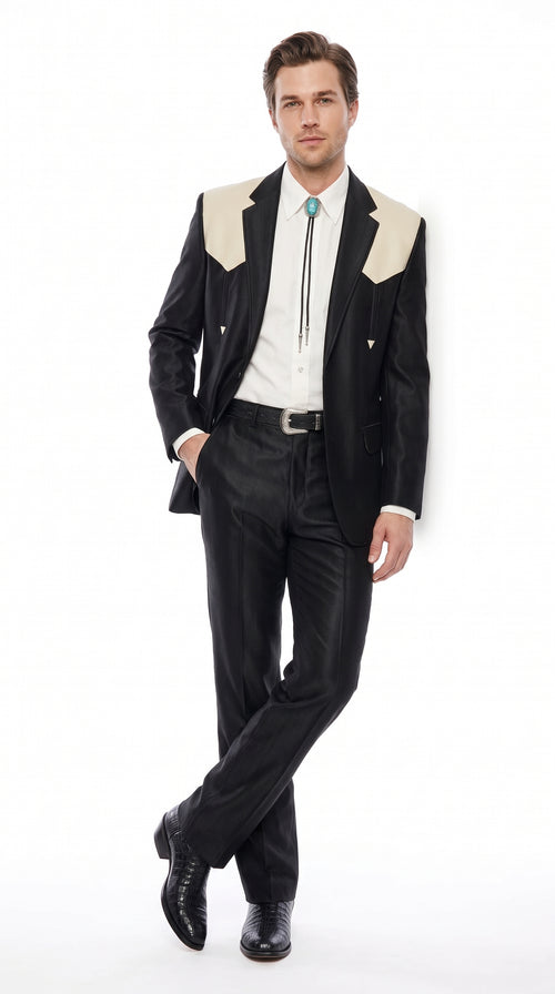 Men's Black Western Suit with White Shoulder Yoke – 2 Piece Cowboy Wedding Suit & Western Blazer with Matching Dress Pants