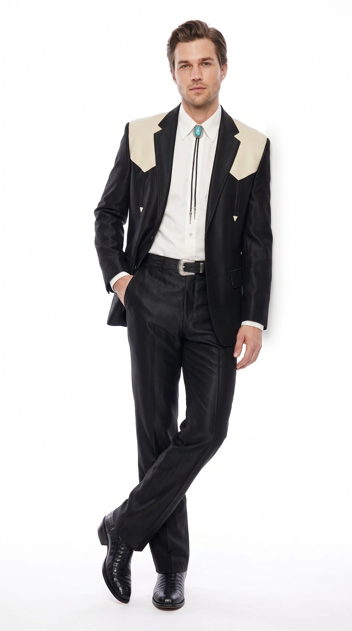 Men's Black Western Suit with White Shoulder Yoke – 2 Piece Cowboy Wedding Suit & Western Blazer with Matching Dress Pants