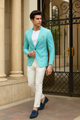 Men’s Aqua Blazer – Slim Fit One Button Suit Jacket with Stylish Floral Inner Lining - Light Turquoise