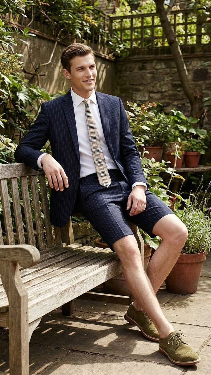 Mens Dark Navy Blue Pinstripe or Black Pinstripe  Summer Business Suit with Shorts Pants Set Sport Coat Style Formal and Casual Outfit
