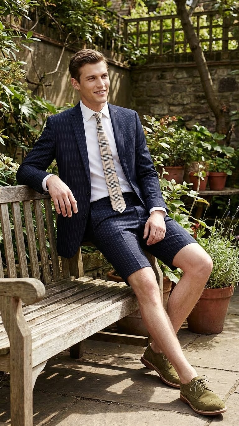 Men’s Dark Navy Blue Pinstripe or Black Pinstripe  Summer Business Suit with Shorts Pants Set – Sport Coat Style Formal and Casual Outfit - 34 Short or Extra Small