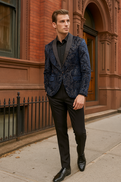 Mens Navy Blue Sequin Tuxedo Jacket with Black Satin Shawl Lapel – Luxury Prom and Wedding Blazer