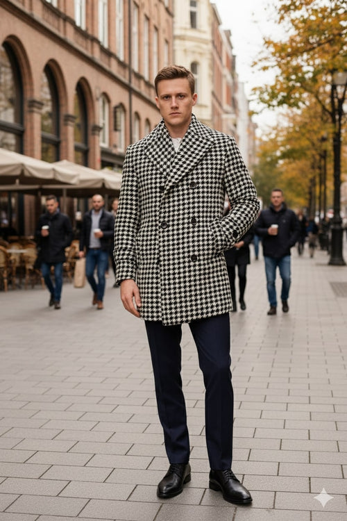 Mens Houndstooth Double-Breasted Overcoats Classic Black and White Wool Blend Peacoat Wool Fabric