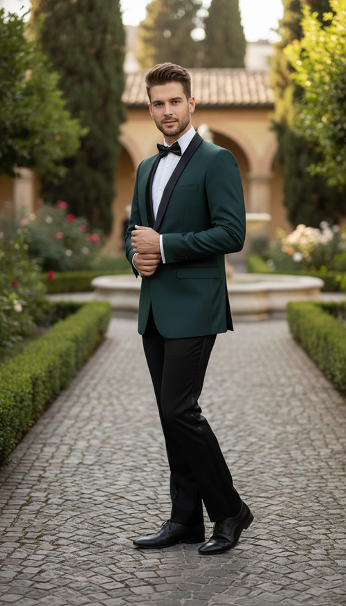 Mens Green Tuxedo Suit Slim Fit Jacket with Black Satin Shawl Lapel and Black Pants in Hunter Green
