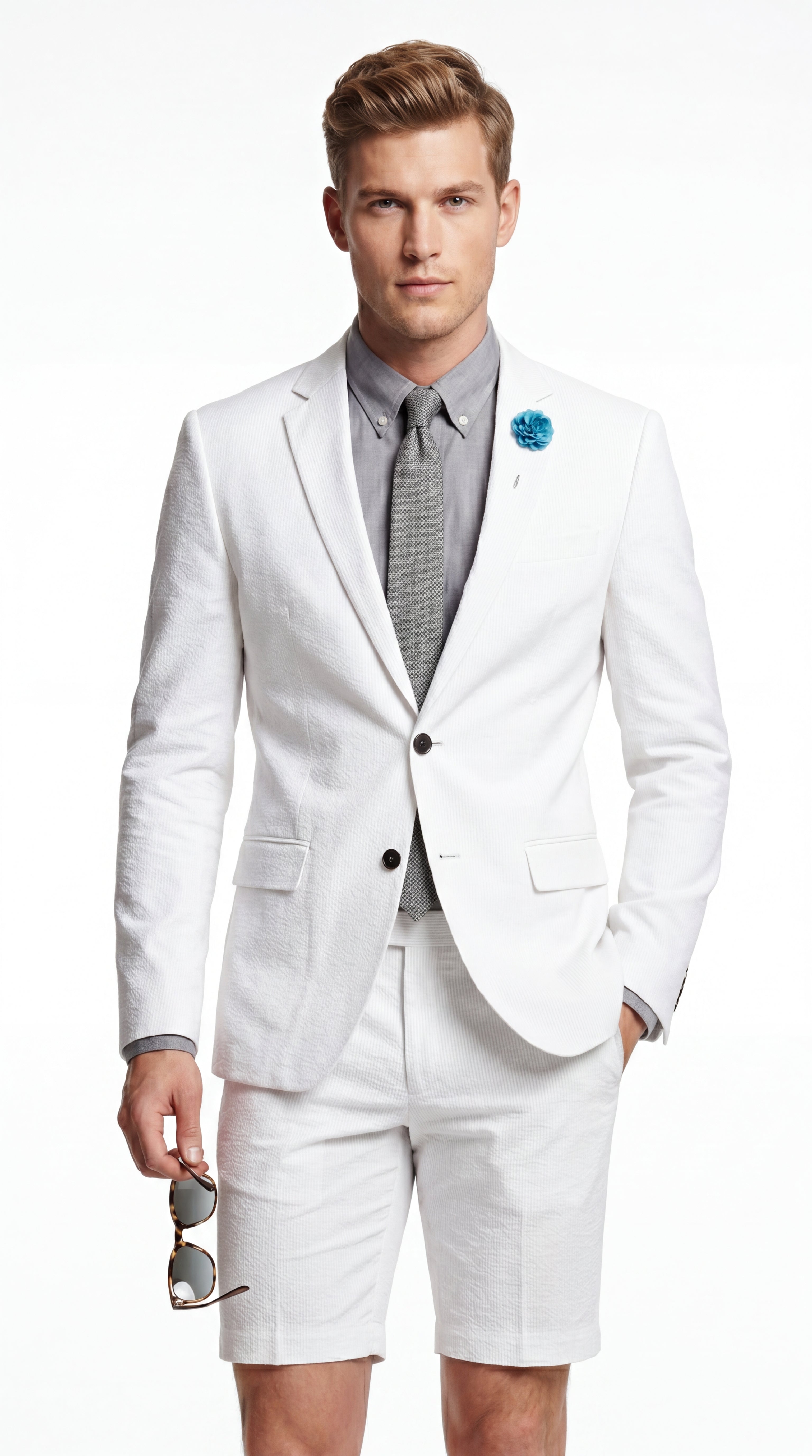 Men’s Cotton Fabric White 2 Piece Summer Suit with Shorts, Casual Beach Wedding and Resort Formal Outfit - 34 Short or Extra Small