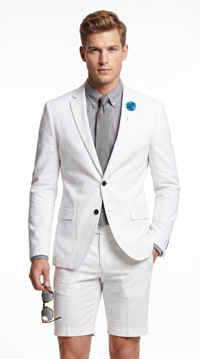 Men’s Cotton Fabric White 2 Piece Summer Suit with Shorts, Casual Beach Wedding and Resort Formal Outfit