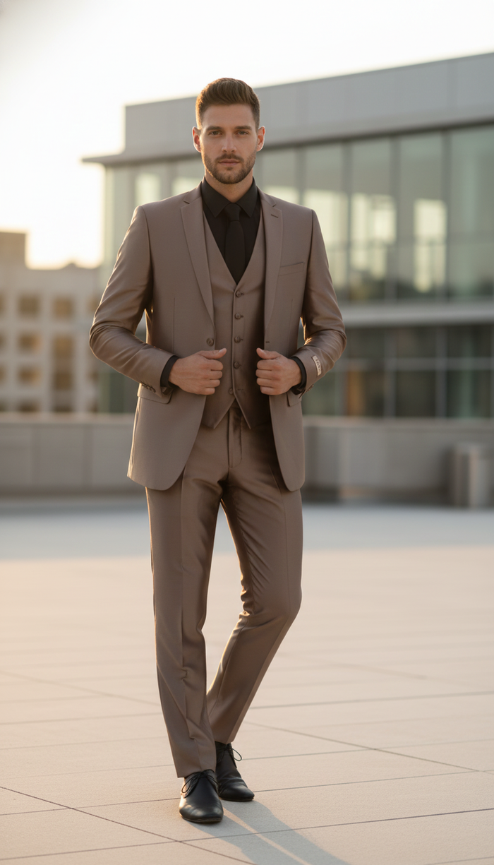 Mens Sateen Shiny Metallic Mocca Taupe Gold Bronze 3-Piece Suit Set Shiny Finish slim Fit Formal and Party Suit