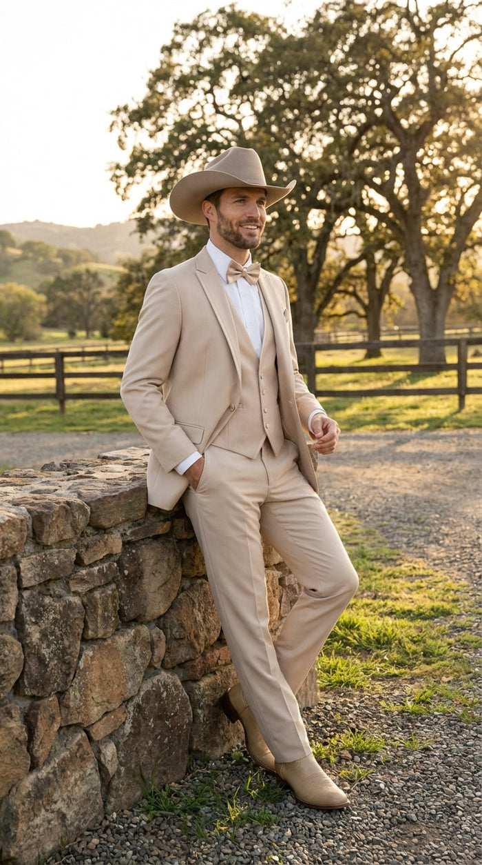 Mens Beige Tan Khaki CowboyTuxedo Suit Western Formal Three Piece Suit with Jacket Vest and Pants