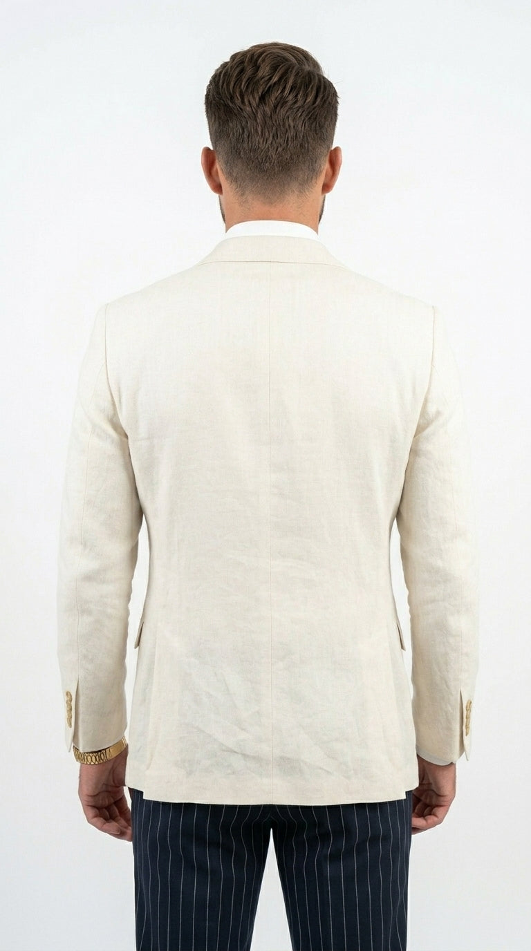 Men’s Ivory Linen Double Breasted Blazer, Lightweight Wedding Dinner Sport Coat Jacket Cream Off White - 36 Short