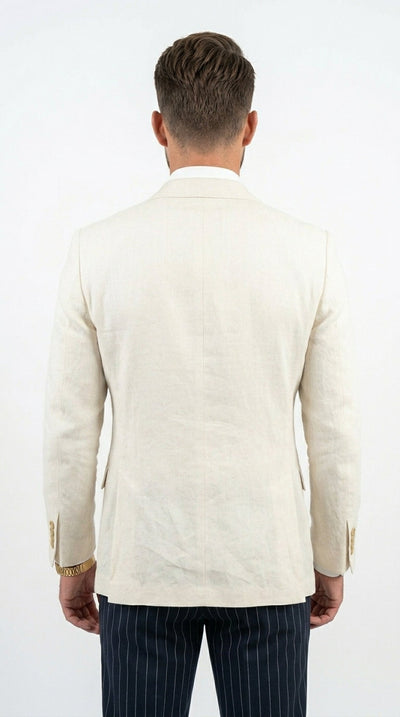 Men’s Ivory Linen Double Breasted Blazer, Lightweight Wedding Dinner Sport Coat Jacket Cream Off White