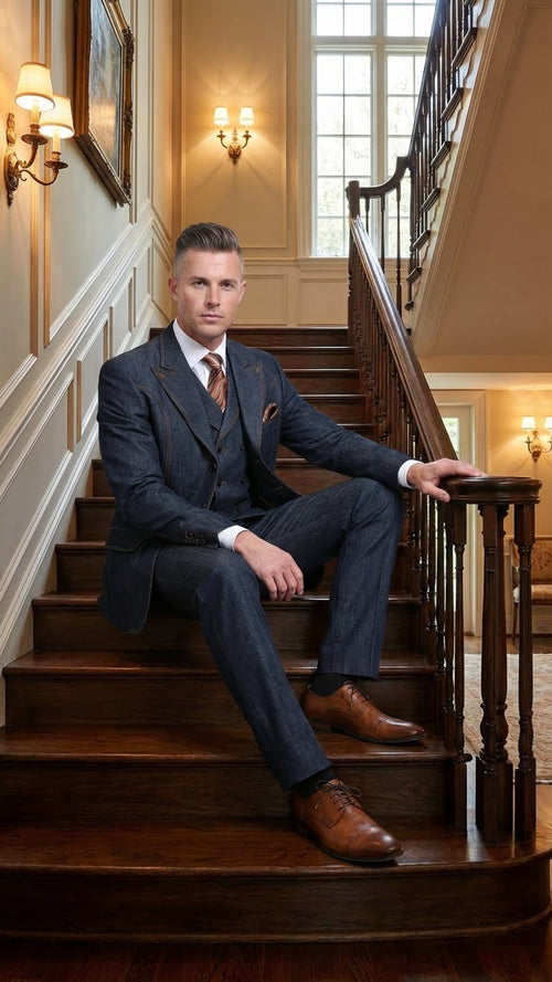Mens Dark Denim Blue Fabric Suit Classic Three Piece Denim Suit for Wedding, Party and Formal Events