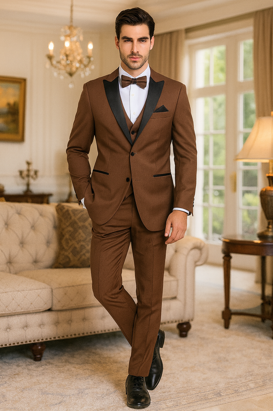Mens Light Brown Tuxedo Suit with Black Satin Lapel – 3-Piece Formal Wedding and Prom Outfit - Country Look