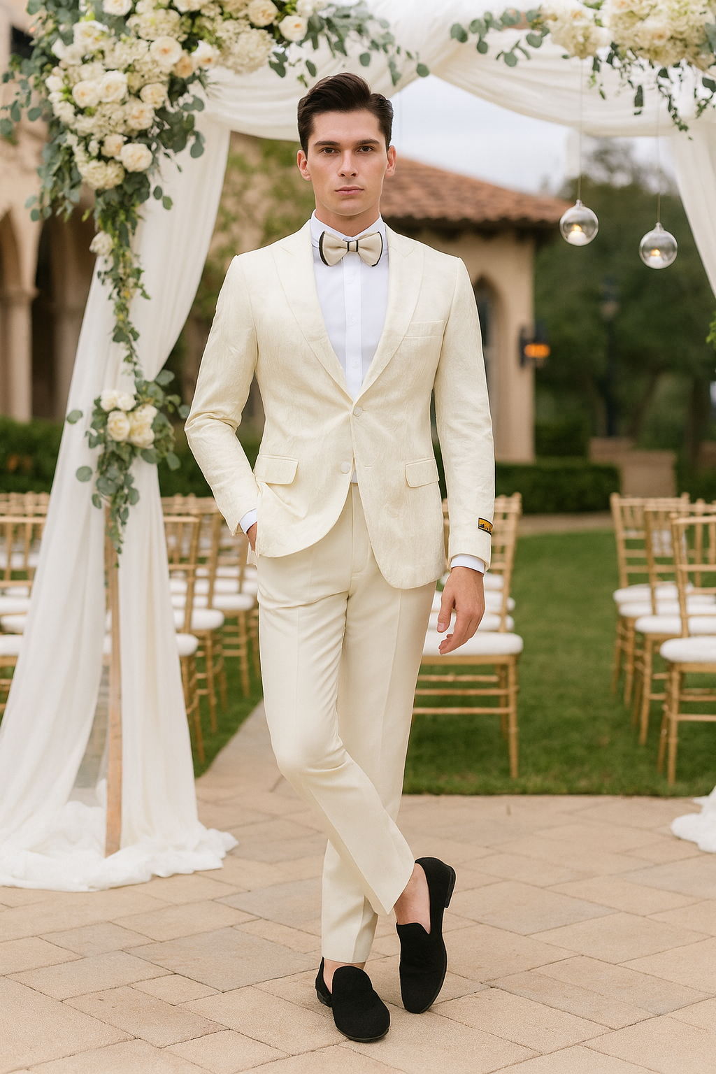 Men’s Ivory Floral Embroidered Tuxedo Jacket – Elegant Wedding and Party Blazer in Cream Color With Ivory Pants - 34 Short