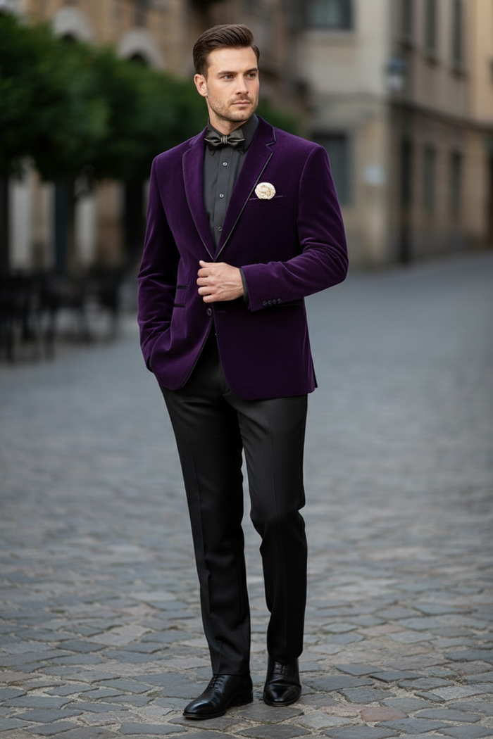 Mens Purple Velvet Blazer Luxury Slim Fit Formal Jacket with Black Satin Trim Tuxedo Dinner Jacket