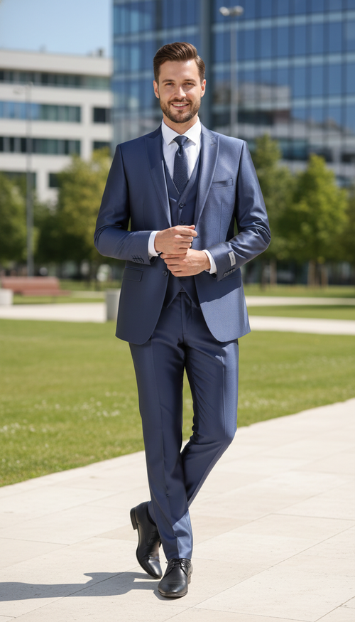 Mens Navy Blue Shiny Finish 3-Piece Suit Set Premium Tailored Fit Formal Wedding and Party Sateen Slim Fitted Suit
