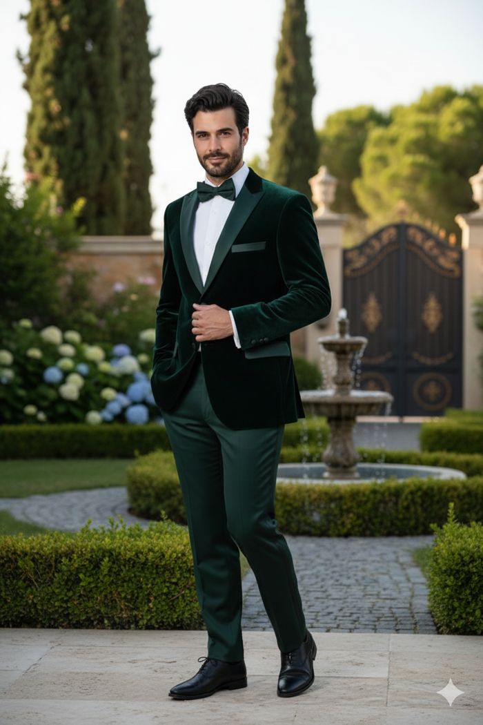 Mens Dark Green Velvet Tuxedo Dinner Jacket Slim Fit Formal Blazer with Satin Peak Lapel Lape
