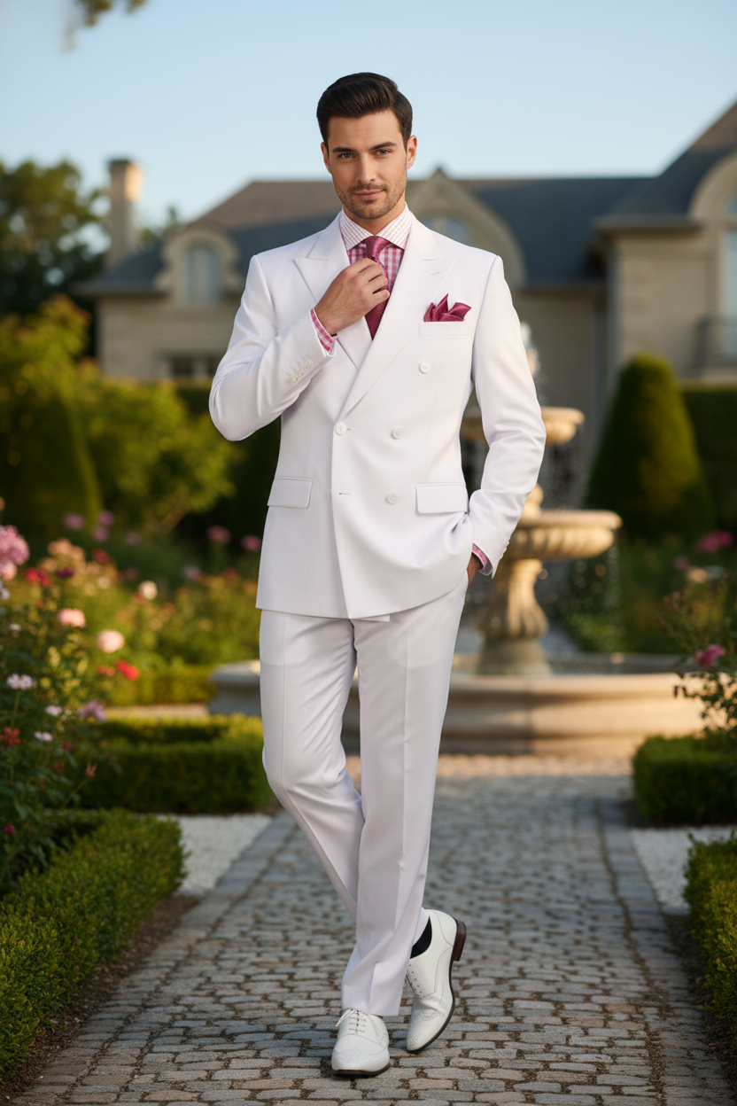 Men’s White Double-Breasted 3-Piece Suit Set – Premium Tailored Fit Formal Wedding and Evening Suit - 34 Short or Extra Small