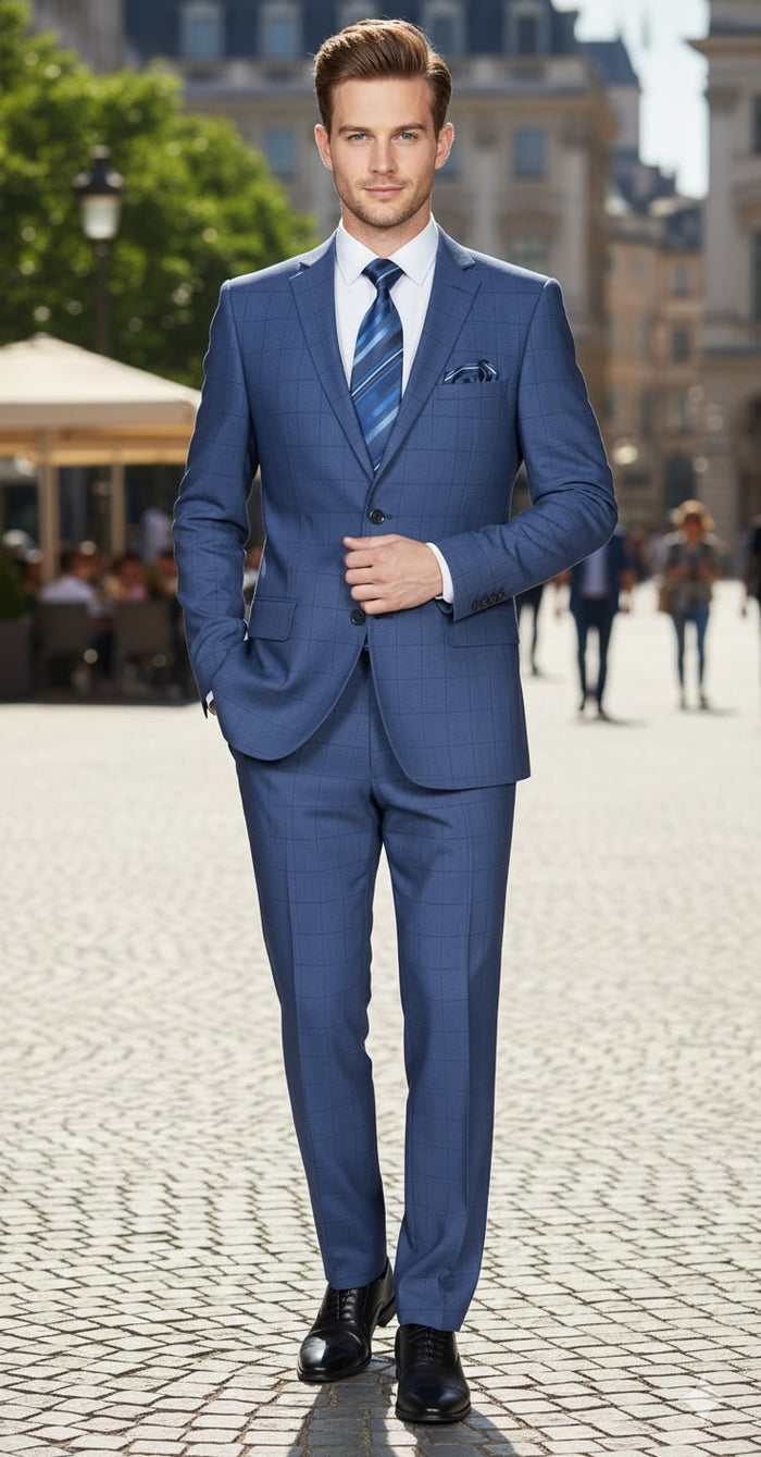 Mens Indigo Navy Blue Windowpane Check Suit Classic 2-Piece Formal Business and Wedding Wear Set in Cobalt Blue