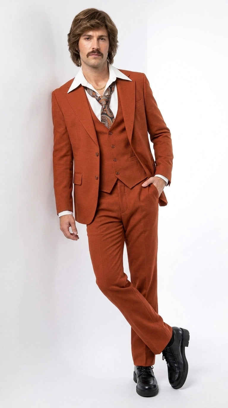 Men’s Burnt Orange 3-Piece Suit – 1970s Disco, Retro Rockabilly, Prom and Party Suit - 34 Short or Extra Small