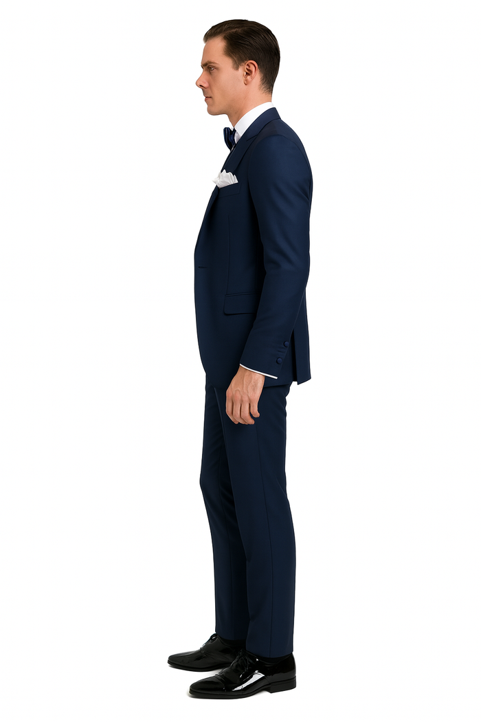 Mens Navy Blue Tuxedo with Satin Peak Lapel with navy sateen – 3 Piece Formal Suit with Vest and Bow Tie