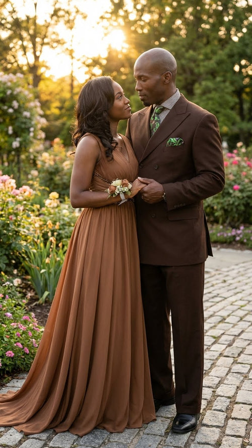 Mens 6 on 3 Style Brown Double Breasted Suit with Wide Leg Pleated Pants, Classic Formal 2 Piece Dress Suit Set