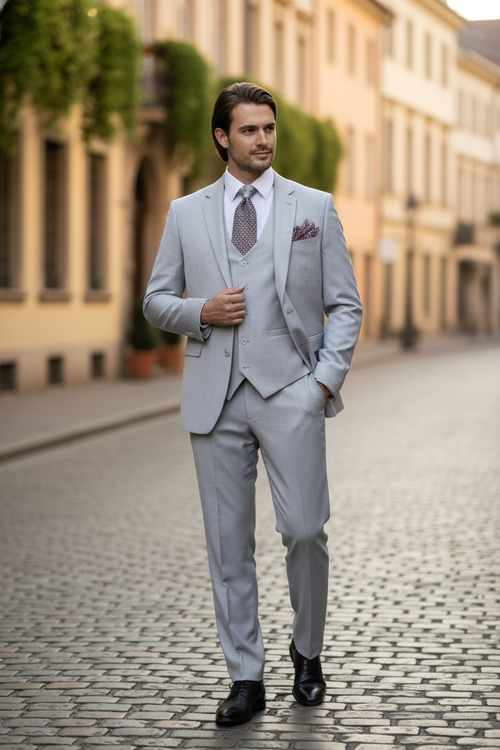 Mens Very Light Gray Three-Piece  Wedding Suit 2 Buttons Modern or Slim Fit  Ash Bone Color Steel Grey