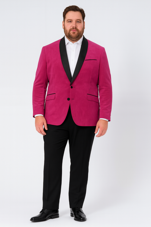 Mens Fuchsia Tuxedo Blazer with Black Satin Lapel â€“ Stylish Party and Wedding Jacket in Hot Pink Color with Black Pants