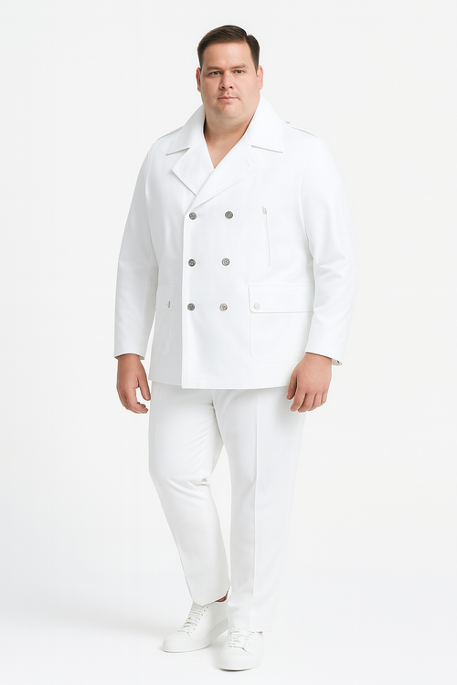Mens White Double-Breasted Peacoat Jacket – Classic Stylish Outerwear Wool Fabric Slim Fitted