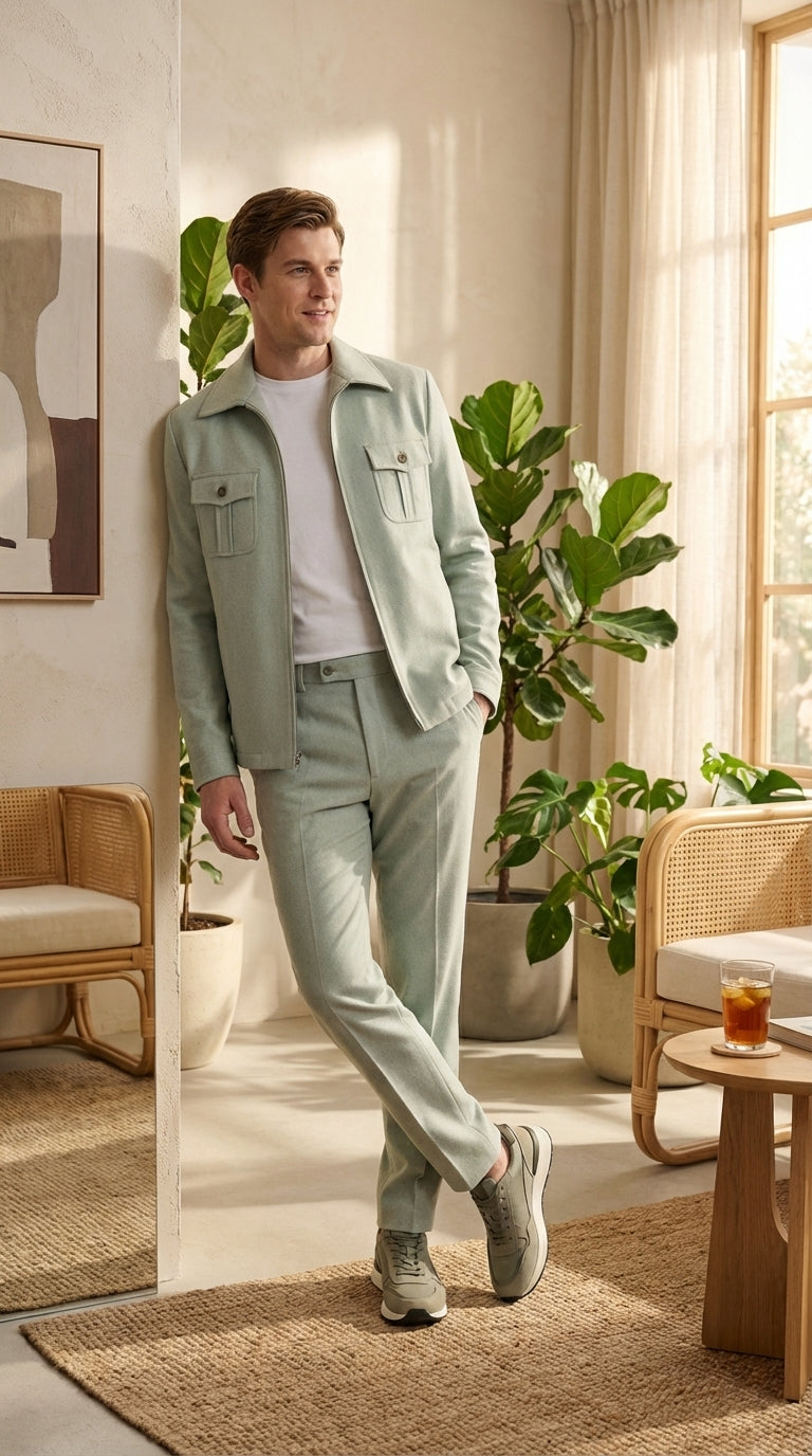 Mens Sage Green Walking Suit Set – Casual Safari Military Jacket and Pants Outfit for Travel - 34 Short or Extra Small