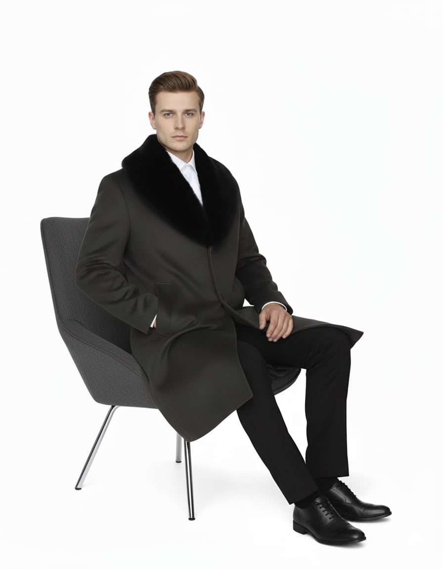Mens Full Length Olive Overcoat with Black Fur Collar – Luxury Wool Fabric Winter Long Coat in Hunter Green - Coat Size 38