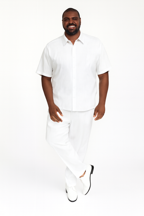 Mens Linen White Embroidered Guayabera Two-Piece Set â€“ Short Sleeve Shirt and Pants - Summer Walking Suit