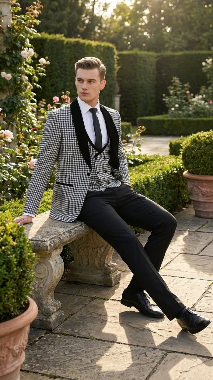 Mens Black and White Houndstooth Tuxedo Set with Velvet Shawl Lapel | 3-Piece Formal Suit with Double-Breasted Vest