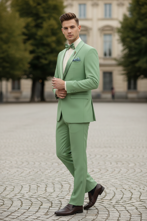 Mens Mint Green Tuxedo 2-Piece Formal Suit with Satin Shawl Lapel and Matching Bow Tie in  Sage Green