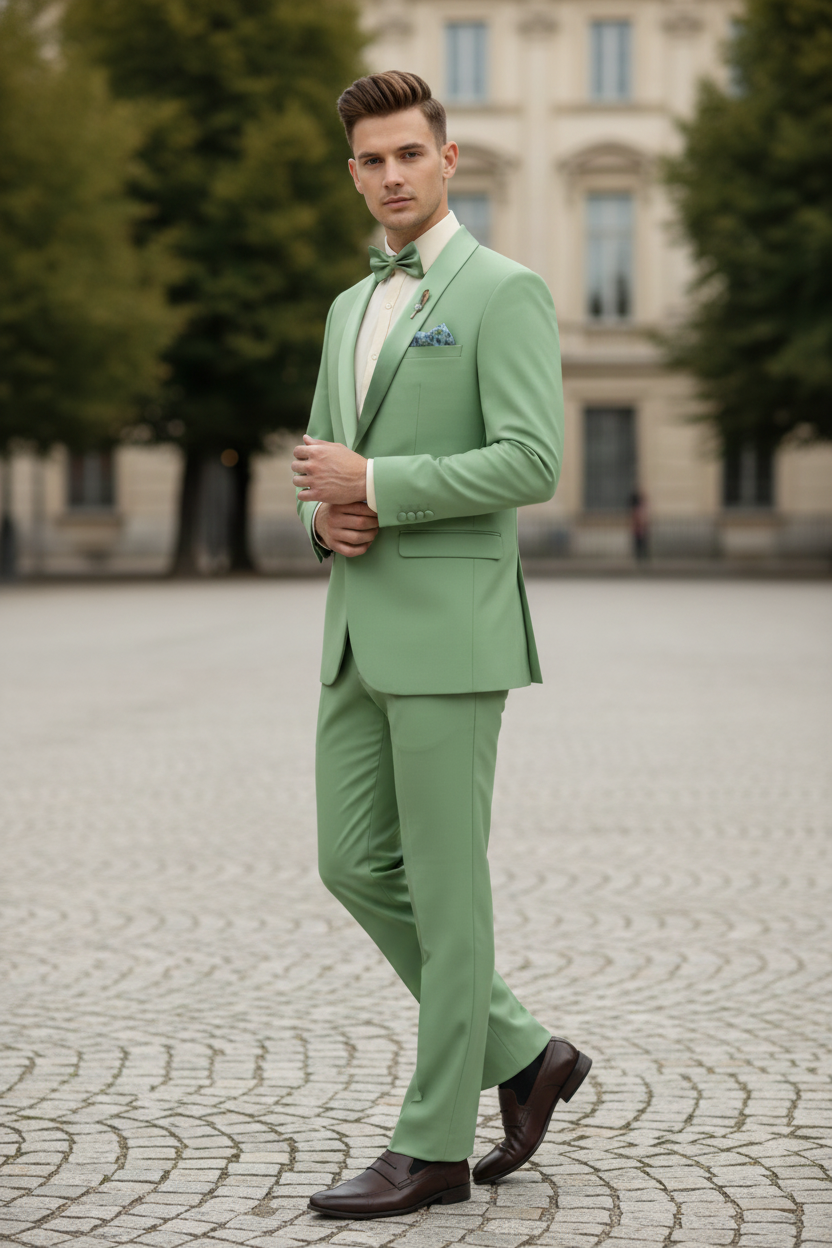 Men’s Mint Green Tuxedo – 2-Piece Formal Suit with Satin Shawl Lapel and Matching Bow Tie in  Sage Green - 34 Short or Extra Small