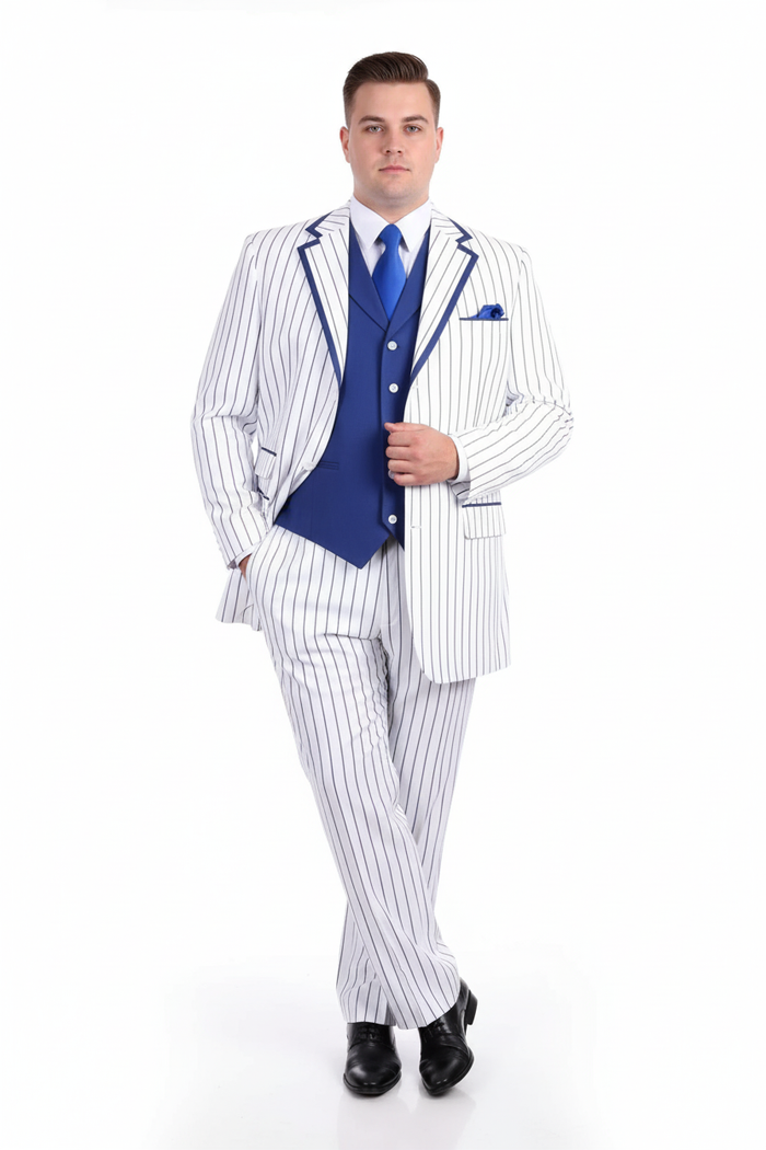 Mens White and Royal Blue Pinstripe 3-Piece Suit Classic Fit Blazer with Vest, Pants, and Tie