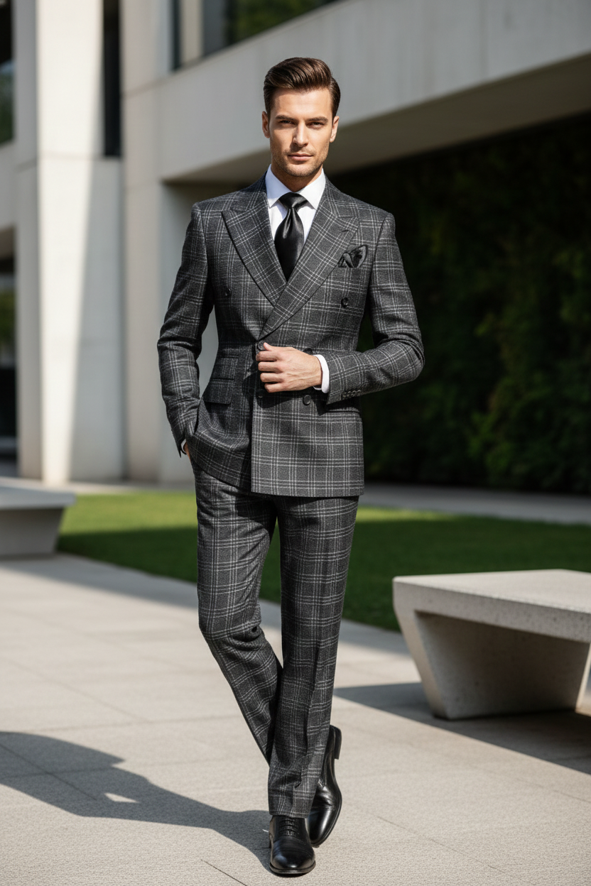 Men’s Charcoal Plaid Double-Breasted Suit –  Tailored Pants Windowpane Pattern By Rossiman - 34 Short or Extra Small