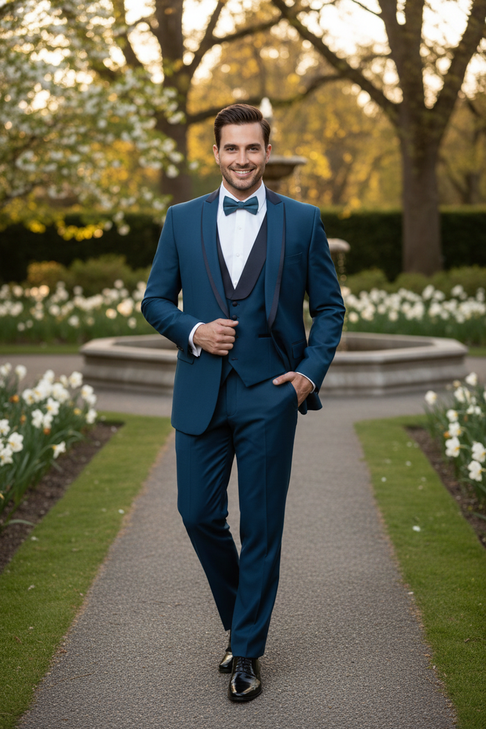 Mens Teal Blue Tuxedo 3-Piece Formal Suit with Satin Shawl Lapel, Vest, and Pants in Saphire Cobalt Blue Color