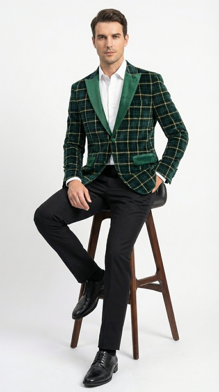 Mens Tartan Green and Gold Check Blazer – Windowpane Plaid Sport Coat Velvet Lapel Plaid Christmas Holiday New Year Jacket - 36 Short
