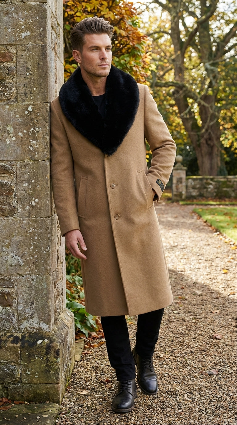 Mens Camel Tan Long Overcoat with Black Faux Fur Collar - Wool Topcoat Three if not Full length - Three Quarter