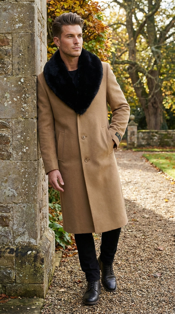 Mens Camel Tan Long Overcoat with Black Faux Fur Collar - Wool Topcoat Three if not Full length