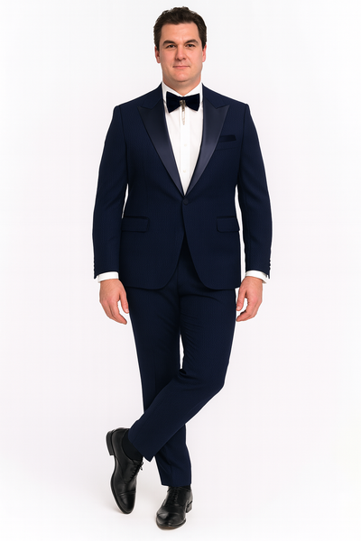 Mens Navy Blue Tuxedo with Satin Peak Lapel With Matching Color Lapel Sateen – Formal 2 Piece Suit