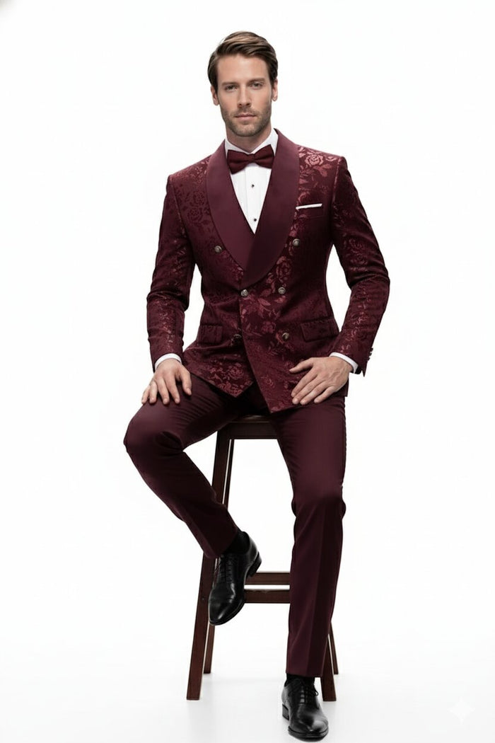 Mens Burgundy Floral Jacquard Tuxedo Dinner Jacket Paisley Velvet Lapel Formal Wear for Weddings and Prom