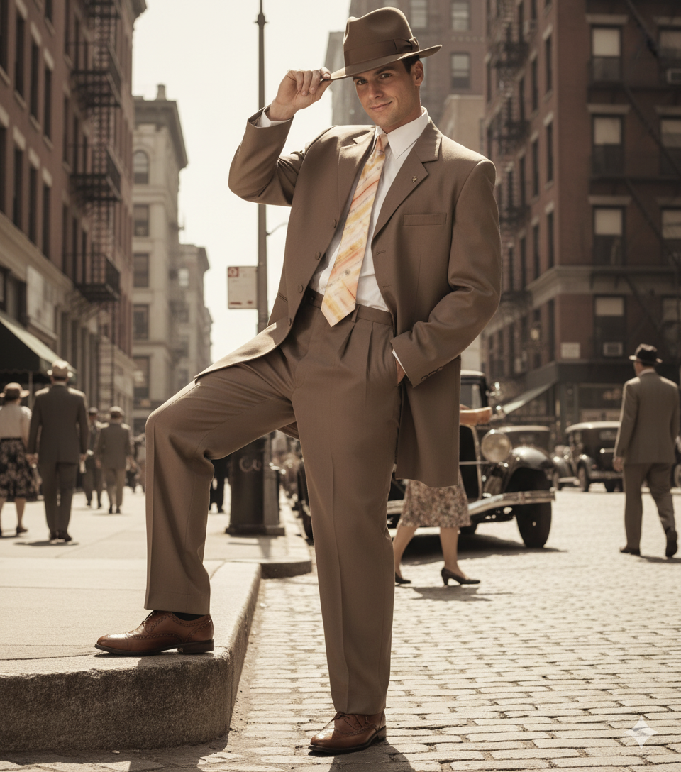 Men’s 1920s Tan Zoot Suit with Fedora Hat and Wingtip Shoes – Vintage Gangster 3-Piece Long Jacket Suit - 34 Short or Extra Small