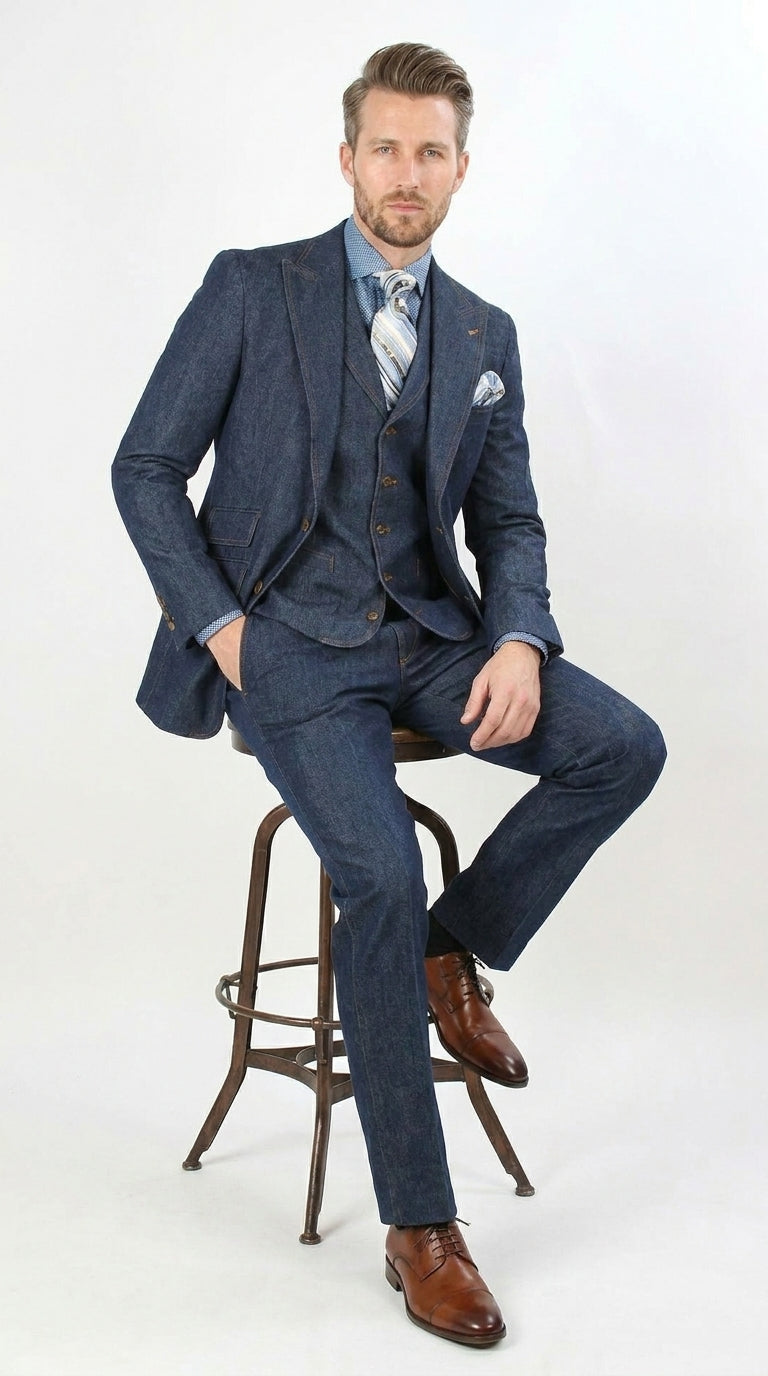 Men’s Pleated Pants Dark Blue Denim 3 Piece Suit – 100% Cotton Formal Suit Set, Blazer Vest Pants Outfit Classic Fit Athletic Fit Lose Fit - 34 Short or Extra Small